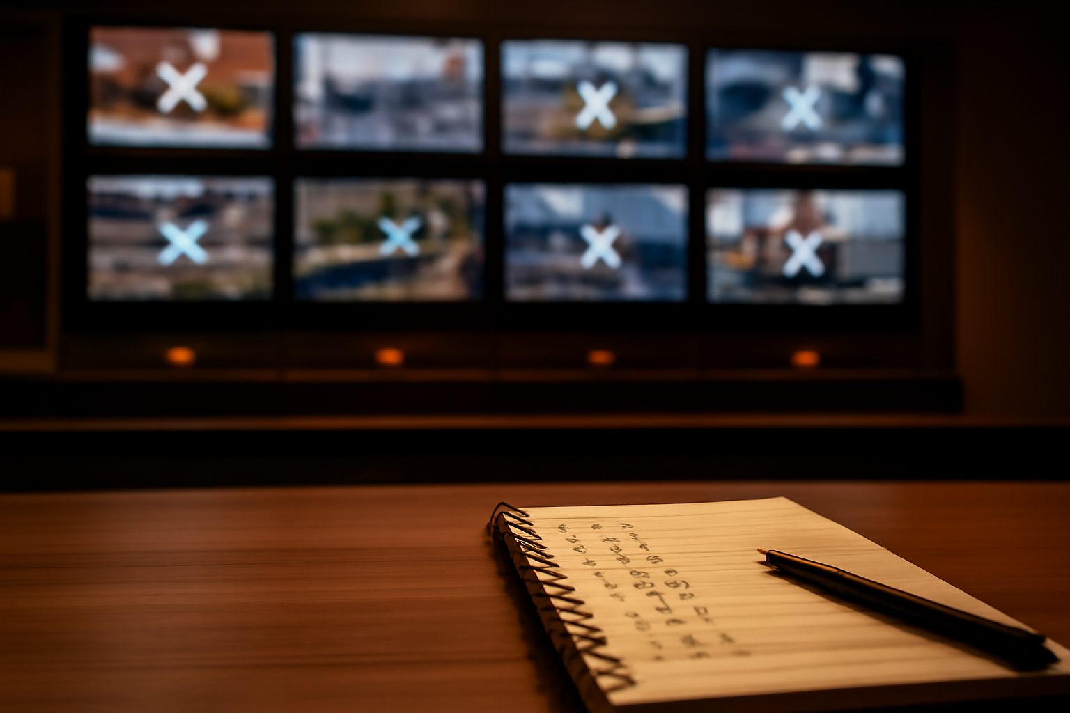 Layar monitor di ruang redaksi televisi menampilkan beberapa siaran berita yang direkam