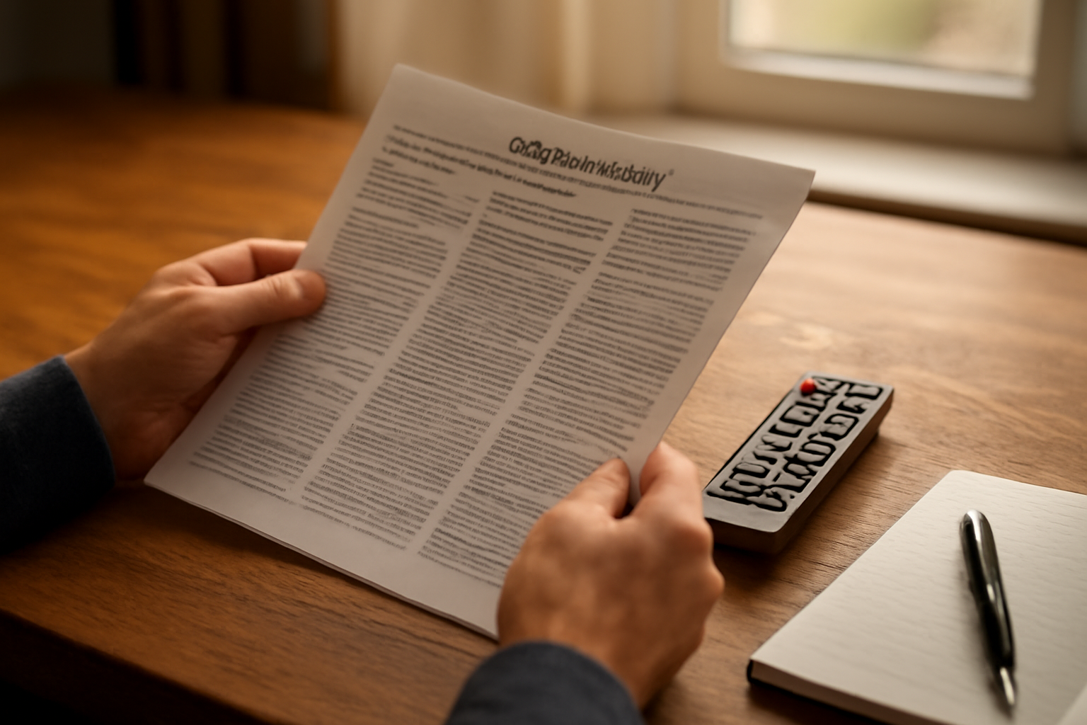 Seseorang membaca lembar ringkasan berita TV di meja kayu dengan remote televisi dan buku catatan
