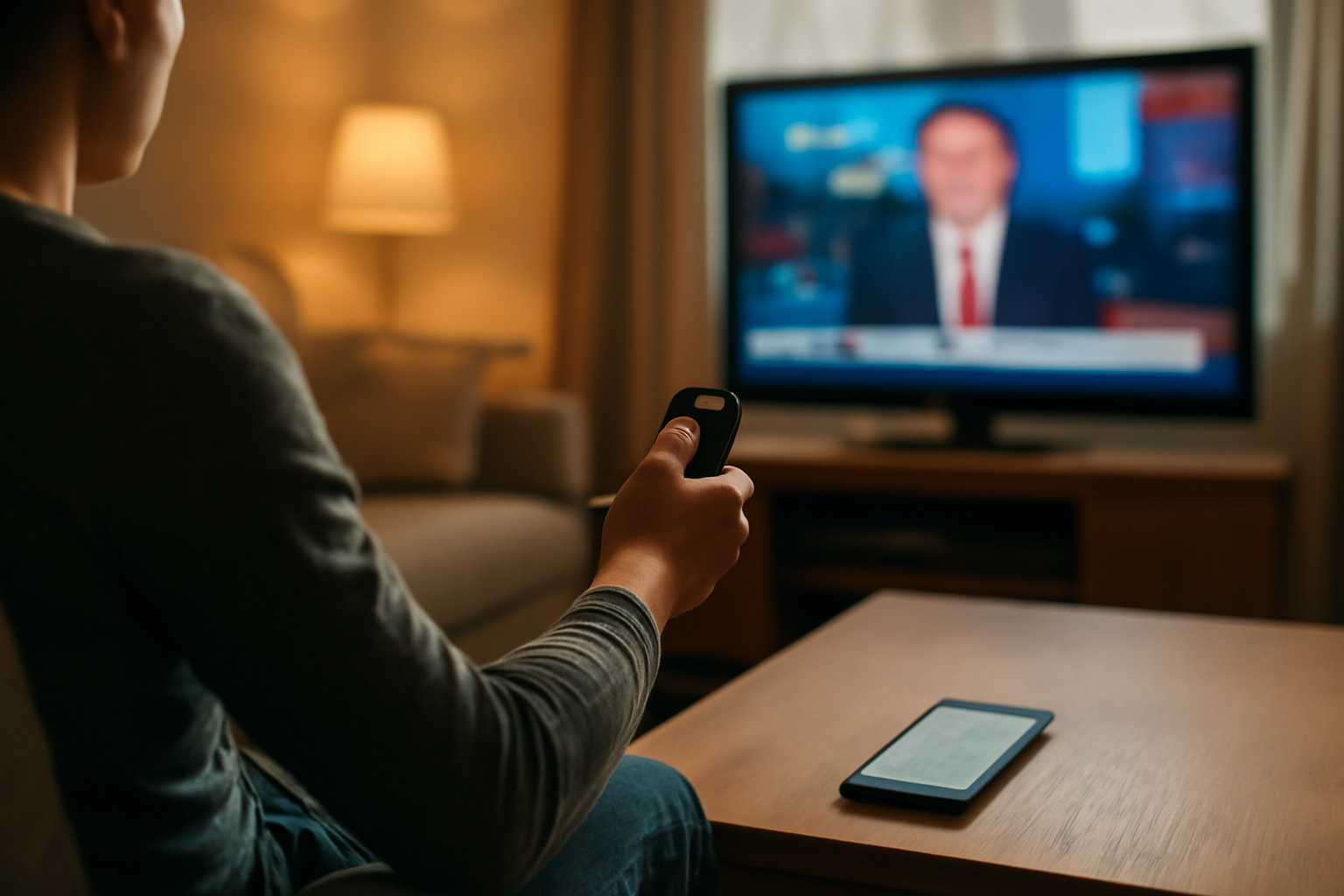 Seseorang menonton siaran berita televisi di ruang tamu sambil memegang ponsel untuk memeriksa ulang informasi